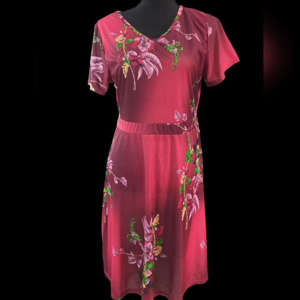 Burgundy Ombre Floral Print V-Neck Short Sleeve Fit and Flare Midi Dress -  3XL